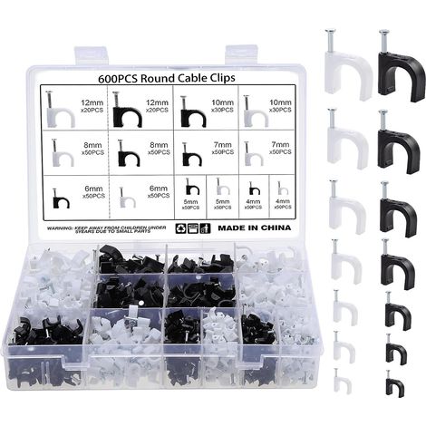 600 pièces Clips Câble avec Clou Rond Cavalier Cable Electrique Blanc Noir Attache Cable Clou 4mm 5mm 6mm 7mm 8mm 10mm 12mm pour La Fixation de Câble de Bureau à Domicile-BDD (1/5)