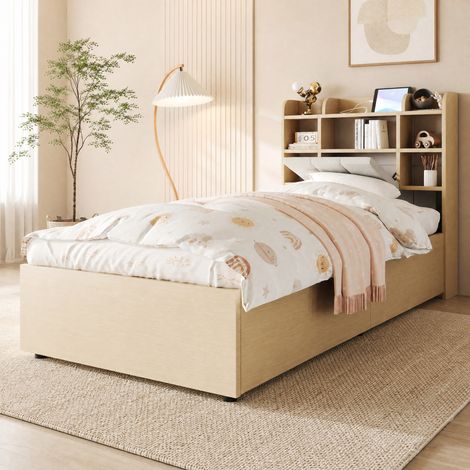 MEUBLIV Letto 90x200 cm legno naturale – contenitore idraulico, USB/Type-C, senza materasso (1/5)
