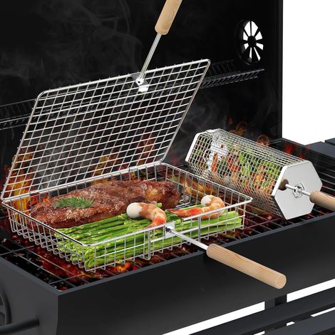Ensemble de paniers à griller, poignée en bois amovible, acier inoxydable 304, outil de grillade à roulettes (1/5)