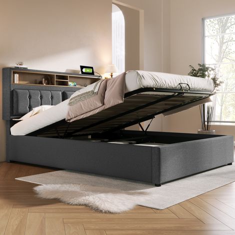 Lit double rembourré avec prises USB-C de recharge, tête de lit, coffre de rangement, cadre en lin, lit 160x200 avec sommier (sans matelas) (1/5)