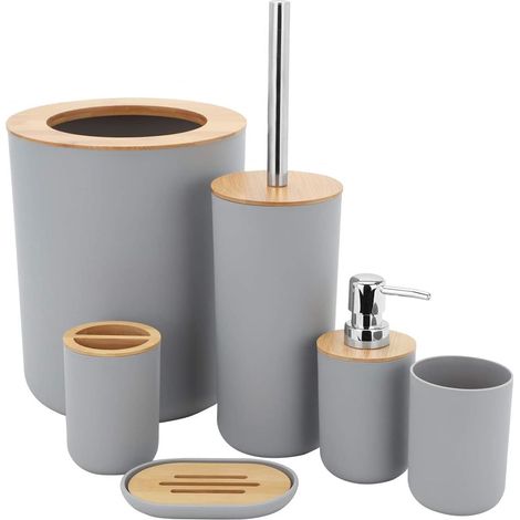 Accessoire Salle De Bain - Ensemble 6 Pièces En Bambou - Distributeur Savon Porte Brosse À Dents Brosse Toilettes Porte Savon Poubelle 40 L - Lot Complet (1/5)