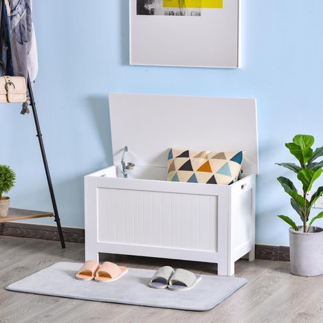 Coffre de rangement avec couvercle, coffre de rangement polyvalent avec charnière de sécurité pour entrée ou salon, 81 x 40 x 46 cm, blanc (1/5)