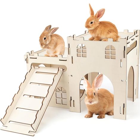 Grande maison à lapin en bois avec rampe, château à lapin emboîtable et démontable avec cachette et plateforme d'observation, niche pour petits animaux d'intérieur et d'extérieur pour lapins et (1/5)