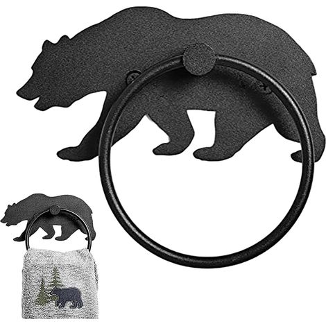 Porte-serviettes mural 18x14 cm motif ours noir mat, style rustique décoratif (1/5)