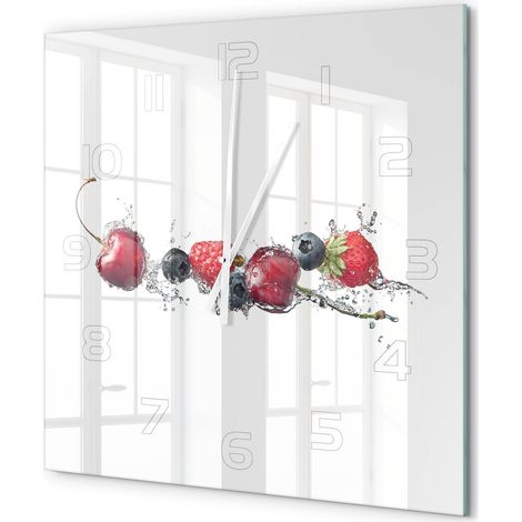 Grande Horloge Murale Carrée Originale Verre Trempé Décoration Maison Moderne Fruits des bois 60x60 cm (1/5)