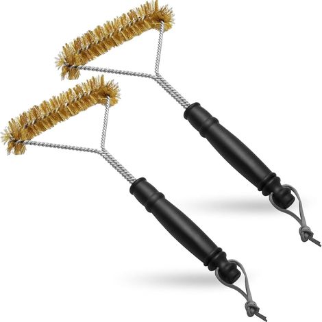 Confezione da 2 spazzole per barbecue in ottone da 30 cm - Spazzole triangolari per barbecue con manici lunghi e setole rigide resistenti al calore per una pulizia profonda di griglie a gas, a carbone
