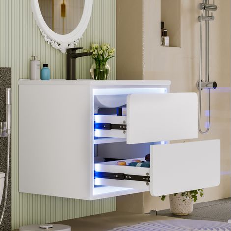 Meuble vasque mural 60x46x50 cm en MDF céramique blanc, avec rangement salle de bain FloraGrace (1/5)