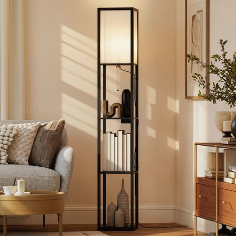 Lampe sur pied LED avec étagères, variateur intégré, interrupteur à chaîne et prises, noir, design moderne pour salon et bureau. (1/5)