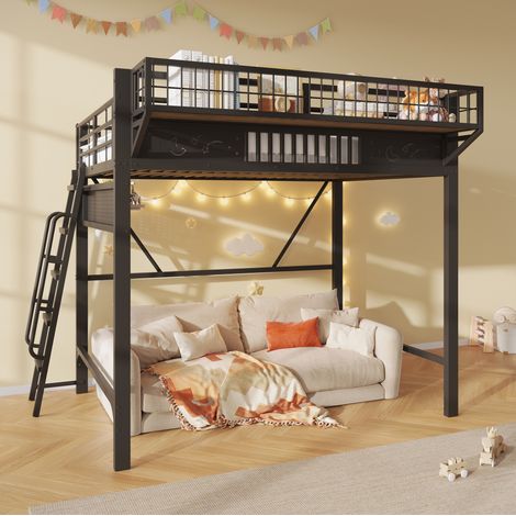 Letto a soppalco 140x200 cm in metallo con mensole contenitore, spazio aperto sotto il letto, uso quotidiano - nero (1/5)