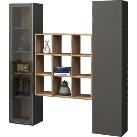 Dmora - Credenza Acerenza, Set da soggiorno a 2 ante e ripiani, Buffet da soggiorno, Madia da cucina, 100% Made in Italy, cm 170x30h180, Antracite e Acero
