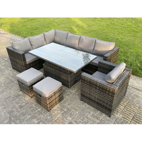 Fimous 9 Seats Dark Mixed Grey Rattan Garden Furniture Corner Sofa Set Adjustable Dining Or Coffee Table Chair Left Corner (1/5)