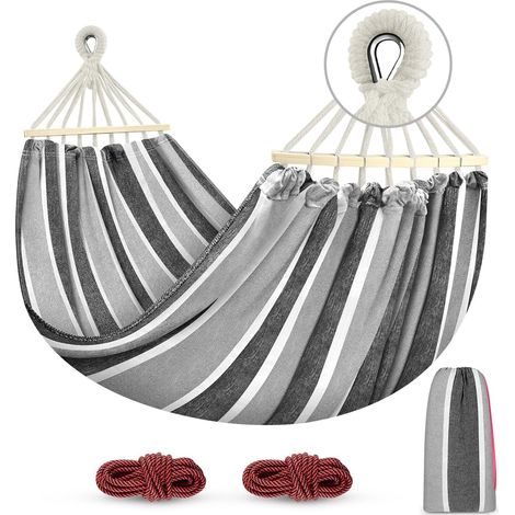 Hamac Suspendu,avec Barre en Bois Anti-basculement et Corde pour Exterieur/Intérieure, Terrasse, La Sieste, 220x 150 cm,200kg Capacité de Charge (1/5)