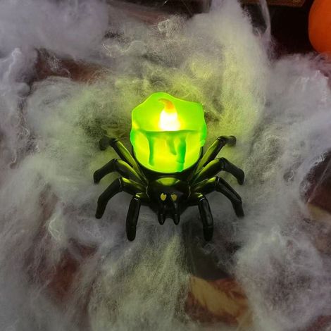 Veilleuse bougie araignée Halloween avec motif œil décoratif, lumière verte d’ambiance pour table, décoration de fête et accessoires saisonniers originaux. (1/5)