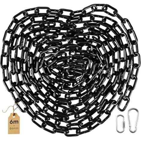 Chaîne en acier au carbone de 6 mm avec anneau rapide M6 et mousqueton à ressort pour chaînes de séparation, balançoires et chaises suspendues, noire (1/5)