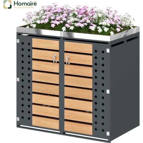 HOMAIRE Boîte à poubelles horizontale avec panneaux en bois, compartiments de rangement, verrouillable, deux portes, surface de plantation et panneau de porte creux en forme de diamant