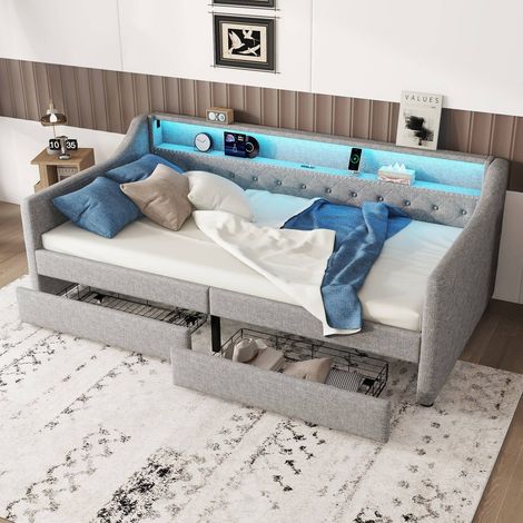 Lit clic-clac 90x200 cm gris lin, sommier lattes, LED avec télécommande, 2 tiroirs, port USB, sans matelas (1/5)