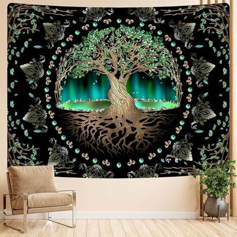 ALLIANDISTapisserie naturelle d'arbre de vie de style aurore, tapisserie de méditation à feuilles vertes, adaptée à la décoration de la maison, de la chambre à coucher, du salon, du dortoir (1/5)