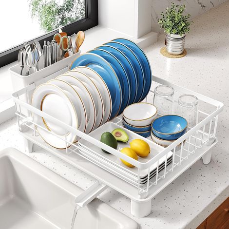 SNTD Égouttoir à vaisselle pour petit comptoir de cuisine, 27,9 cm de large x 38,1 cm de long, blanc Gain de place, bec rotatif et égouttoir incliné pour un drainage rapide, en acier inoxydable, port (1/5)