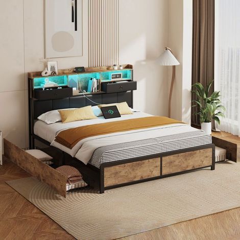 Doppelbett 140x200 cm schwarz mit RGB-LED, Stauraum und Lattenrost inklusive - Rahmen aus PU/Holz/Metall