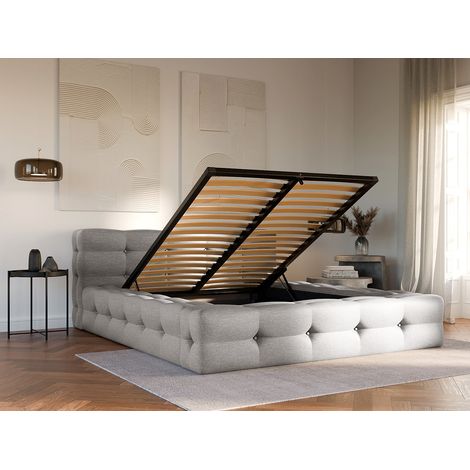 Lit coffre capitonné 140 x 190 cm - Tissu chiné - Gris clair - LERUCO (1/4)