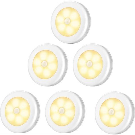 Luci a LED per armadi/mobili, 6 luci notturne per armadi, illuminazione a LED con sensore di movimento e base magnetica, per scale, cucina, vetrine, armadi (alimentate a batteria), luce bianca calda