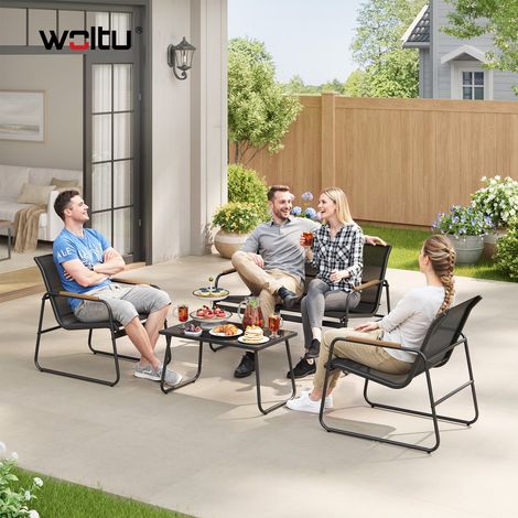 WOLTU 4-teilig Gartenmöbel Set Balkonmöbel Set mit 1 Tisch 1 Zweisitzer-Sofa 2 Sessel, Sitzgruppe mit Rückenlehne und Armlehnen, Wetterfest und UV-beständig für Terrasse und Balkon, Schwarz