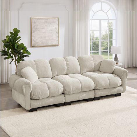 Sofá de 3 plazas (260x86x90 cm), tapizado en chenilla, con cojines de asiento acolchados, color caqui claro (1/5)