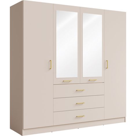 Armadio KALISTA 200 cm COLORI sabbia – 4 porte, 2 specchi, 3 cassetti, maniglie dorate