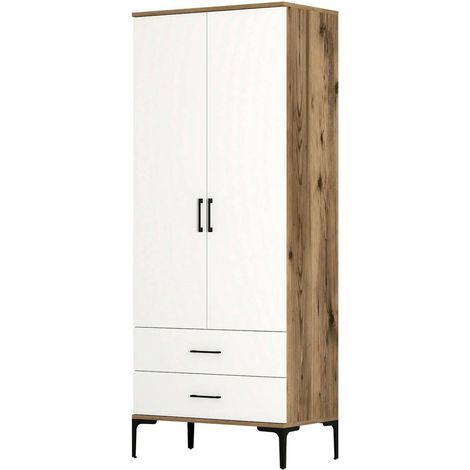 Dmora - Guardaroba 2 ante Naos, Mobile camera da letto, Cabina armadio portabiti, Armadio appendiabiti, 80x201h48 cm, Noce e Bianco, con imballo rinforzato, con imballo rinforzato