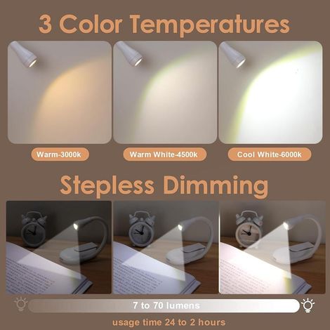 Lámpara de lectura con clip, regalo ideal para amantes de los libros, lámpara de lectura LED portátil con brillo ajustable y 3 colores (blanco) (1/5)