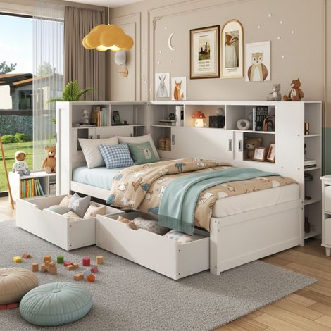 Platform bed with trundle & bookcase & USB,Single Bed-3ft(90190cm),Household bed, Multifunctional bed,with 2 storage drawers, dust-proof cabinet and shelves, large storage space,white