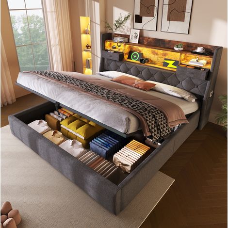 REDOM - Letto matrimoniale 140x190 cm con contenitore idraulico e LED, lino grigio (Senza materasso) (1/5)