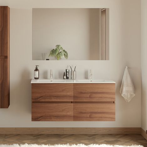 Meuble de salle de bain 120cm double vasque - 4 tiroirs - noyer (bois foncé) - IDA (1/5)