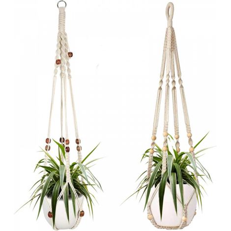 Deux paniers suspendus en corde de coton blanc pour plantes d'intérieur, de 98 cm chacun, ornés de perles en bois. Crochets non inclus. (1/5)
