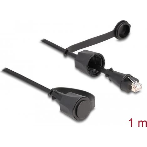 Delock Cable de red RJ45 macho a RJ45 macho Cat.6 STP con tapa protectora exterior IP68 resistente al polvo y al agua, negro, de 1 m