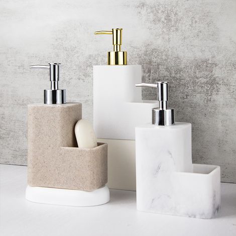 Distributeur de Savon Liquide avec Porte-Éponge Porte-Brosse, Bouteille de Pompe de Distributeur de Savon à Vaisselle Tampon à Récurer pour Cuisine Salle de Bain Évier de Comptoir, Marbre (1/4)