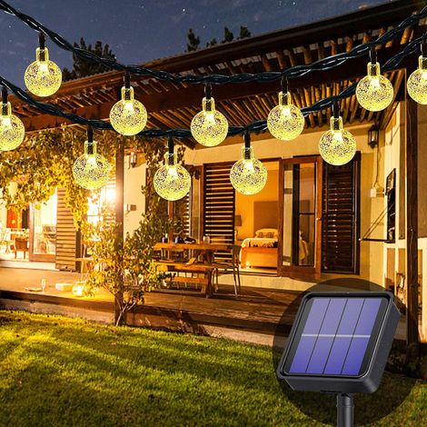 Guirlande lumineuse solaire pour extérieur, 50 LED, 8 modes, boules de cristal, pour extérieur/intérieur, balcon, mariages, fêtes, Noël (blanc chaud) (1/5)