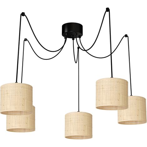 Suspension Spindel rotin crème, noir mat 5xE27 Luminex