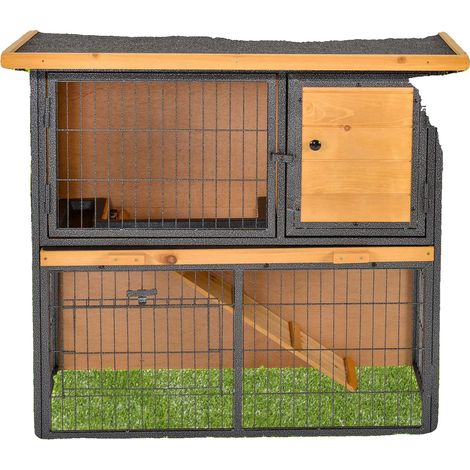 Recinto para animales pequeños, madera de abeto barnizada, puerta con cerradura, resistente a la intemperie, dimensiones 89,5 x 45 x 81 cm, dimensiones de la sección superior 77 x 35,7 x 36 cm. (1/5)