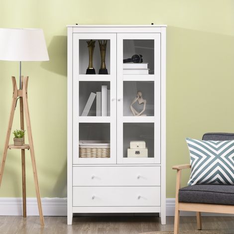 Mobiletto da soggiorno/credenza da cucina con 2 ante in vetro, 3 ripiani, 2 cassetti per sala da pranzo/ufficio, 80x40x160 cm, bianco (1/5)