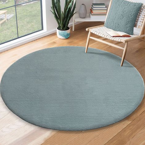 Tapis Moderne Moelleux à Poils Courts, antidérapant, Lavable Jusqu’à 30°C, Super Doux, Aspect Fourrure, pour Salon et Chambre, décoratif, Bleu, 120 cm Rond (1/5)