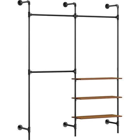 SoBuy KLS18-SCH appendiabiti da parete industriale, rack tubolare fisso con 3 barre & 3 ripiani in MDF, armadio aperto pesante salvaspazio, nero industriale