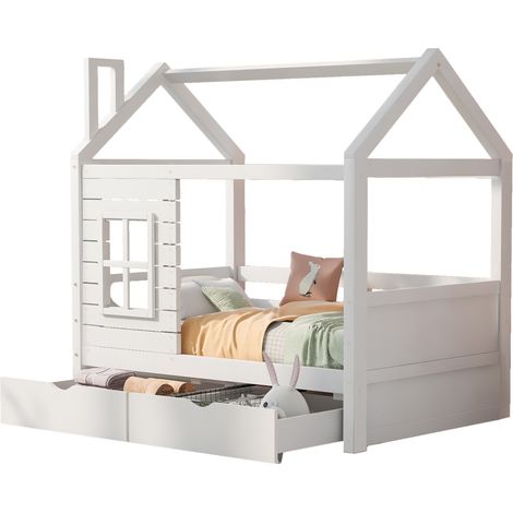 Lit cabane enfant 80x160 avec sécurité anti-chute, fenêtres décoratives, 2 grands tiroirs de rangement et sommier à lattes, blanc CHICFURN (1/5)