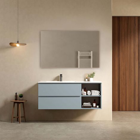 Mobile bagno sospeso 120 cm Blu Avio Lavabo a Sinistra in Ceramica Specchio Quadro - Fiji Paint Plus (1/4)