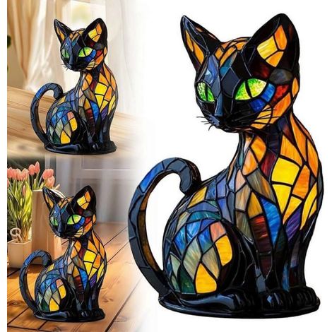 Lampe Chat - Résine Colorée - Vintage Design - Bureau Salon Chambre - 17 cm - Pile Bouton - 1 Pièce (1/4)