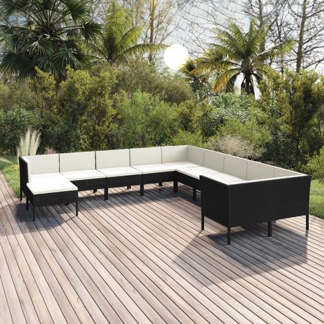 11-tlg. Garten-Lounge-Set mit Auflagen Poly Rattan Schwarz (1/5)