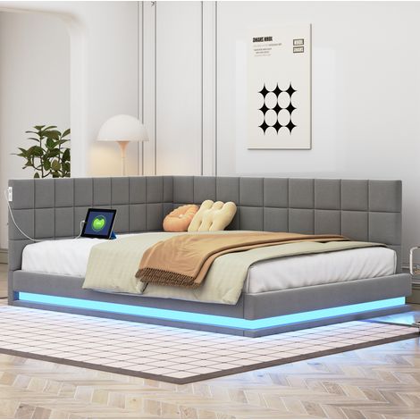 Canapé-lit en lin gris 140x200 cm avec LED, port USB et sommier à lattes inclus (1/5)