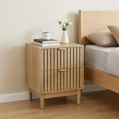 Comodino con 2 cassetti - mobile da notte in legno effetto rovere con motivo scanalato e maniglie dorate - tavolino moderno vintage per camera da letto - 45 x 39 x 56,5 cm