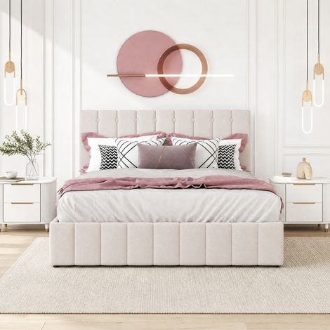 Letto matrimoniale 140x200 cm con contenitore idraulico, crema, in legno, senza materasso FloraGrace (1/5)