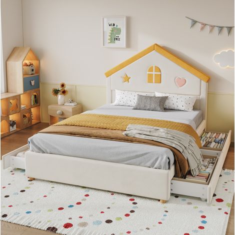 Letto a castello per bambini 140x200 cm con 4 cassetti, testiera imbottita, contenitore, per camera da letto, velluto beige (1/5)